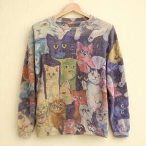 Vintage Yesno Women’s All Over Print Cat Motif Wool Sweater Large